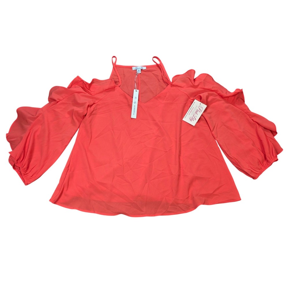She + Sky Cold Shoulder Blouse Women's Size M Coral Lined Ruffle Sleeve NWT